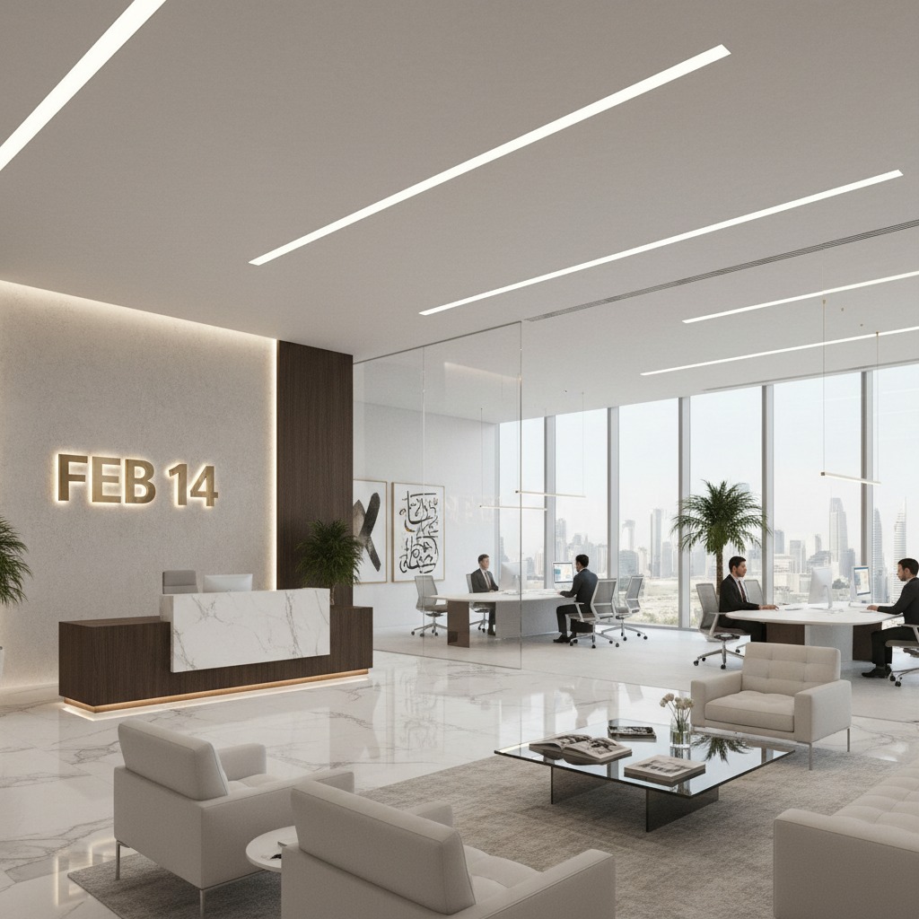 A spacious modern office with a marble reception desk, a waiting area featuring armchairs, and glass-walled conference rooms overlooking a city skyline.