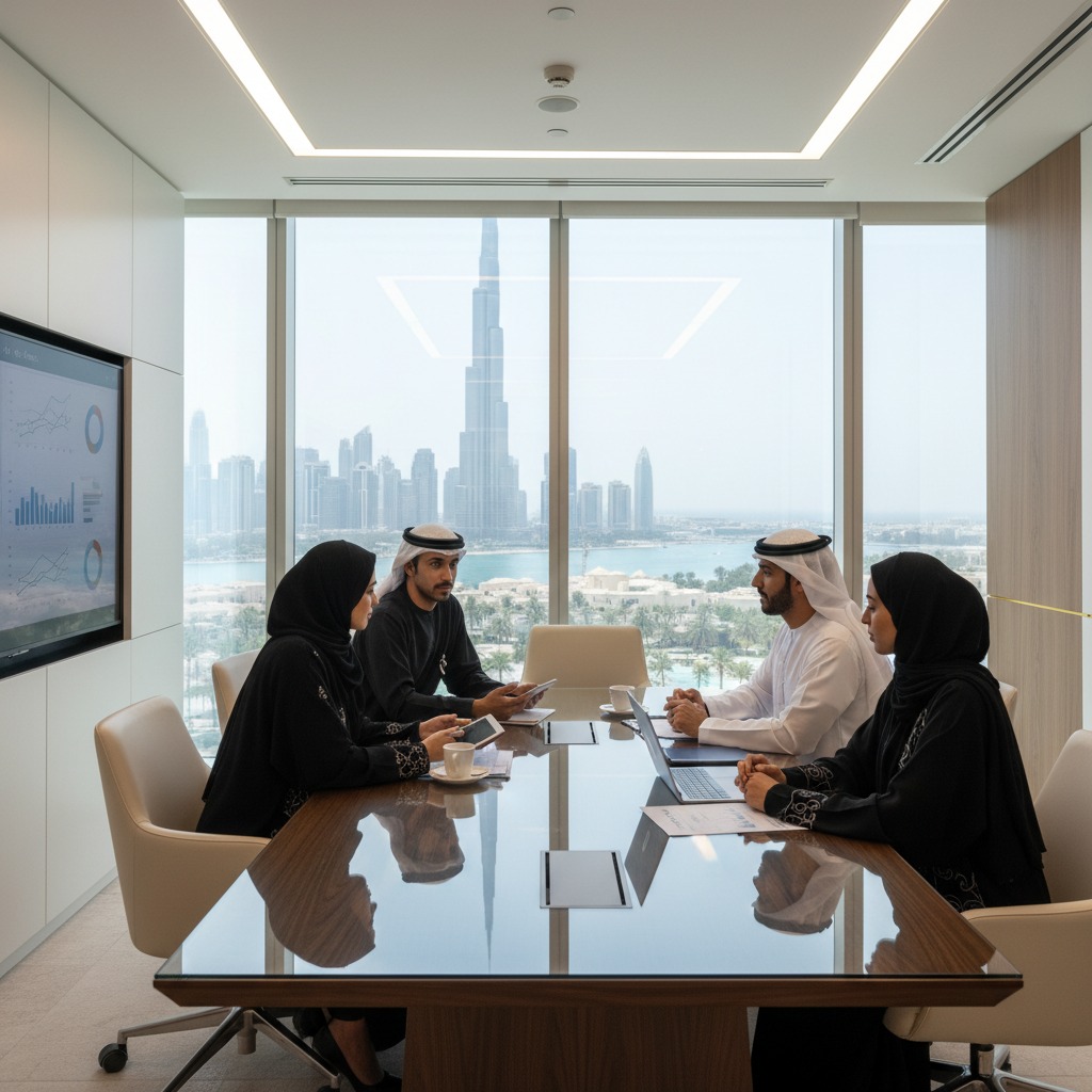 Four business professionals in traditional attire hold a meeting around a conference table with a view of the Dubai skyline.