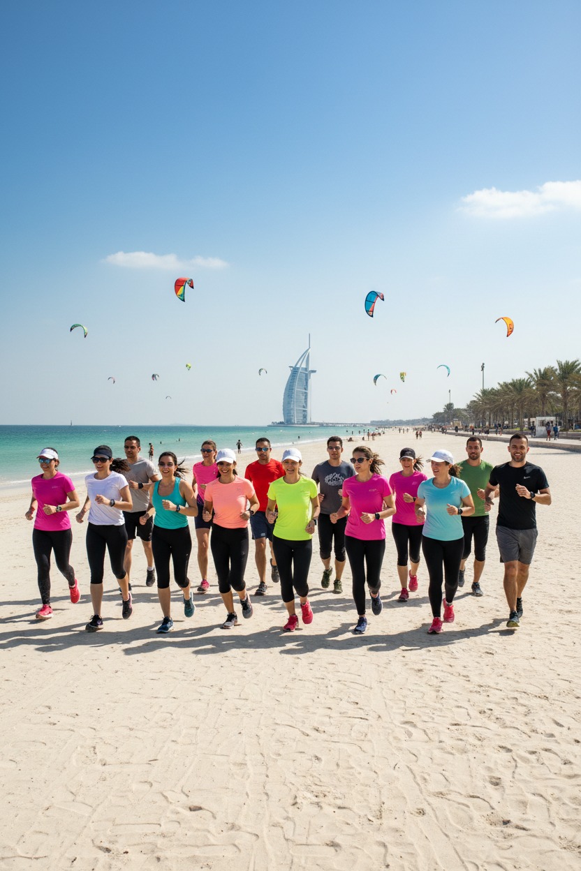 A group of people in colorful workout clothes jog along a sandy beach under a blue sky, with kites and a tall hotel in the background.